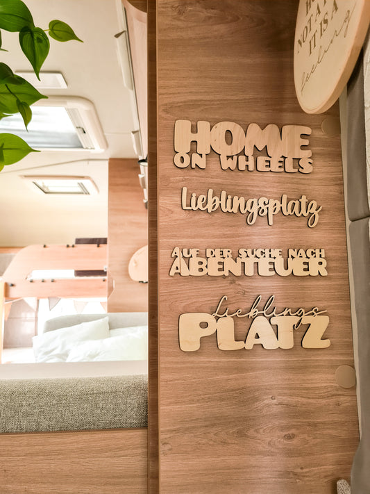 Holzschriftzug Lieblingsplatz, Home on wheels, Abenteuer, Happy Camper