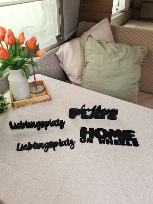 3D-Schriftzug Lieblingsplatz, Home on wheels, Abenteuer