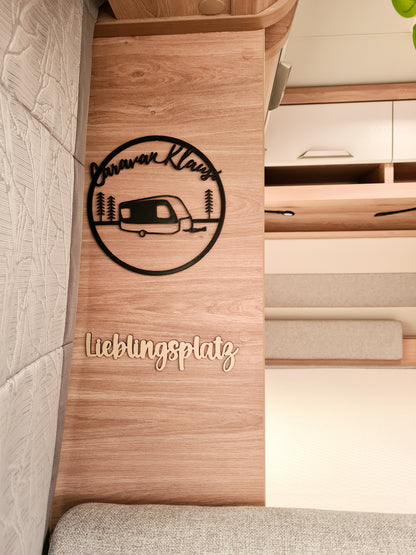 Holzschriftzug Lieblingsplatz, Home on wheels, Abenteuer, Happy Camper