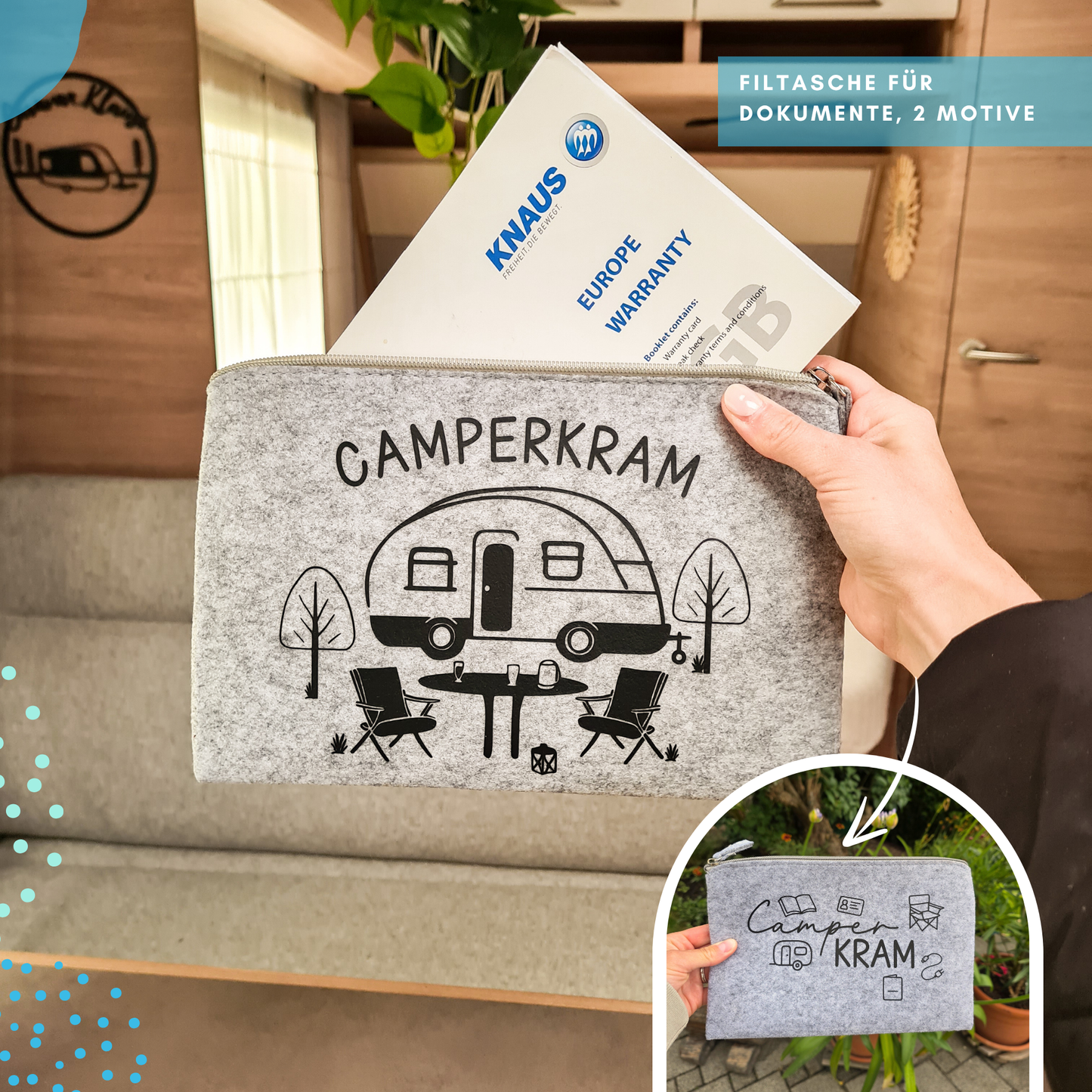 Filztasche "Camperkram", Mäppchen für Reisedokumente