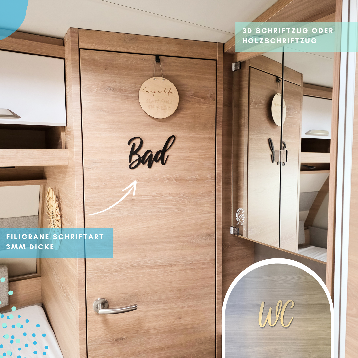 3D-Schriftzug / Holzschriftzug BAD und WC, Türschild