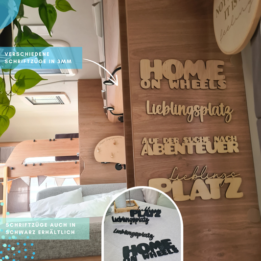 Holzschriftzug Lieblingsplatz, Home on wheels, Abenteuer, Happy Camper